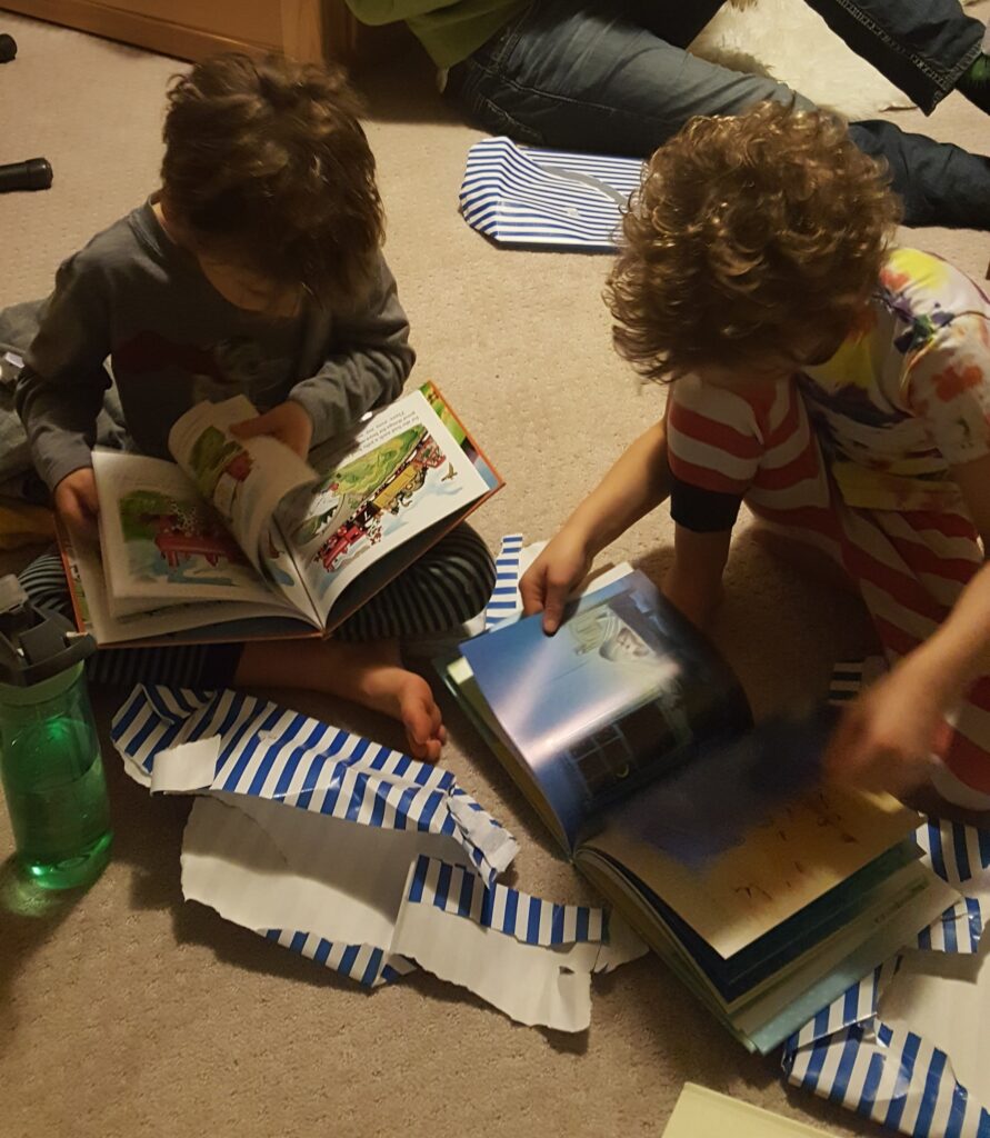 Alynn Pessotto from Living Literacy provides literacy tutoring to help spark the joy of reading among chidren and young teens in Calgary Alberta_Jack and Liam reading new books